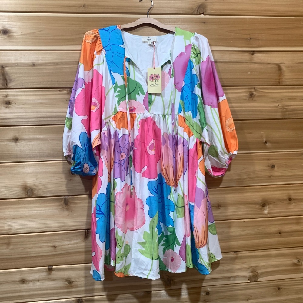 Entro USA Women's Dress Small Multicolor Floral Print Boho Peasant Mini Tunic - Picture 2 of 14